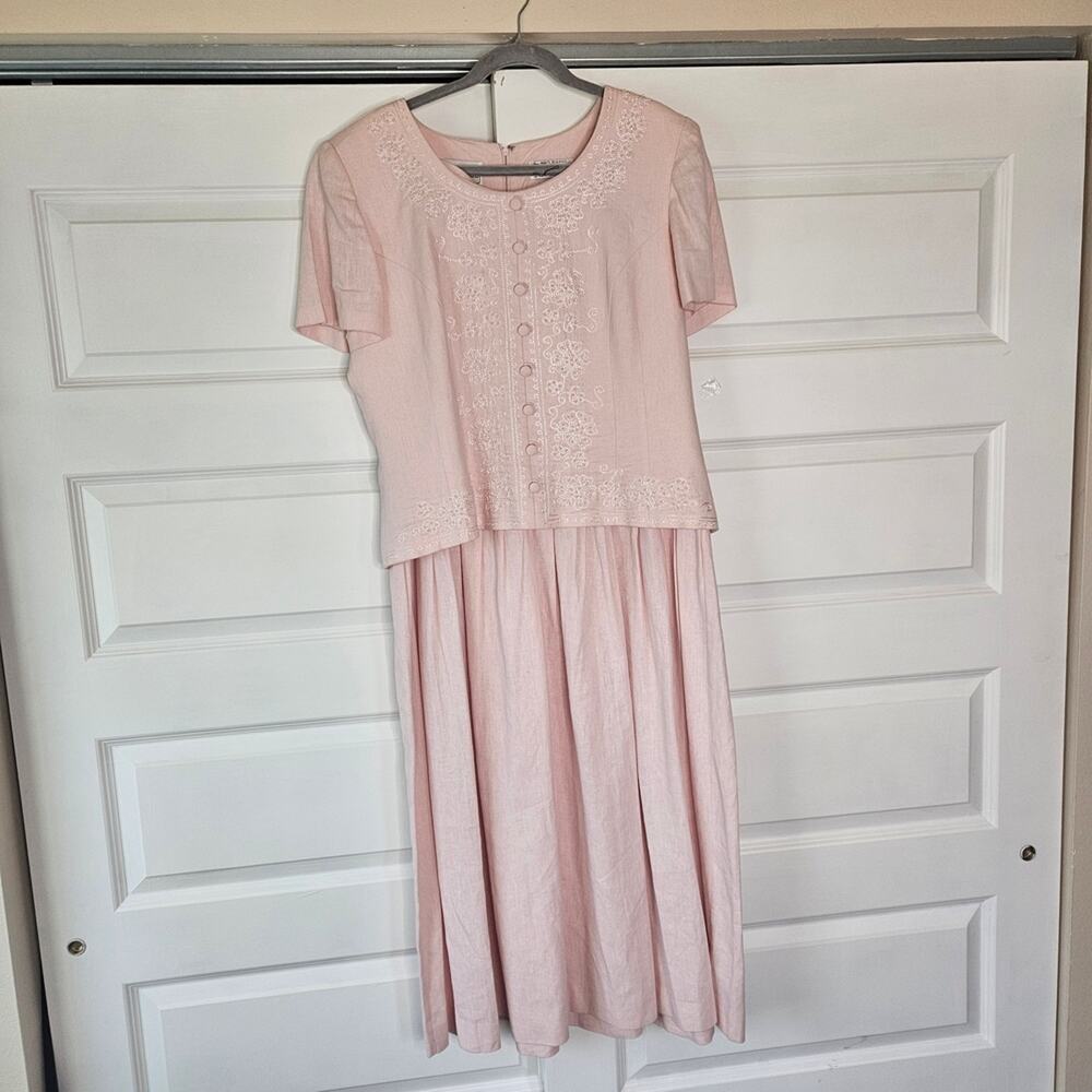 Vintage Karin Stevens Pink Embroidered Tea Dress | Mother of the Bride | 14 - Picture 2 of 8